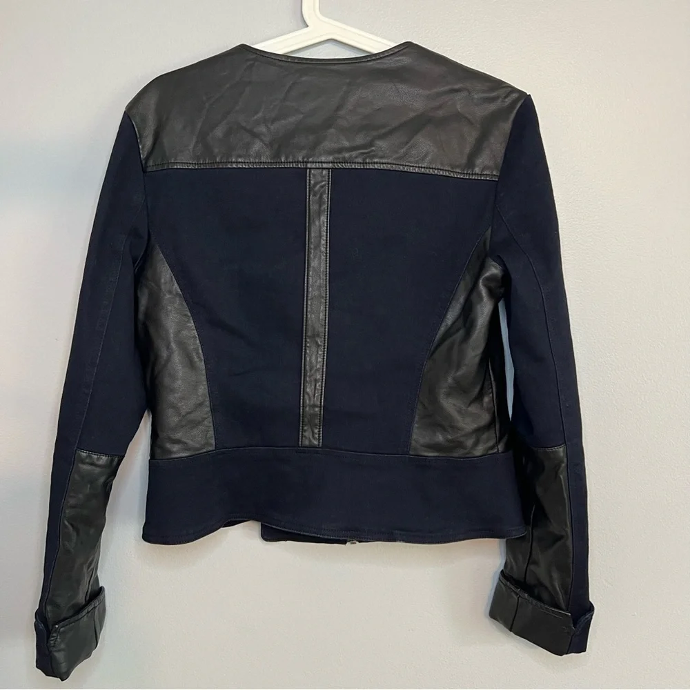 Kiind of Thalia faux leather two toned jacket Sz L Navy Black Cotton Chic City - Picture 10 of 14